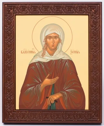 Icon on wood 18×22 rolled, recessed field with carved with surround, packaging Xenia of St Petersburg Blessed