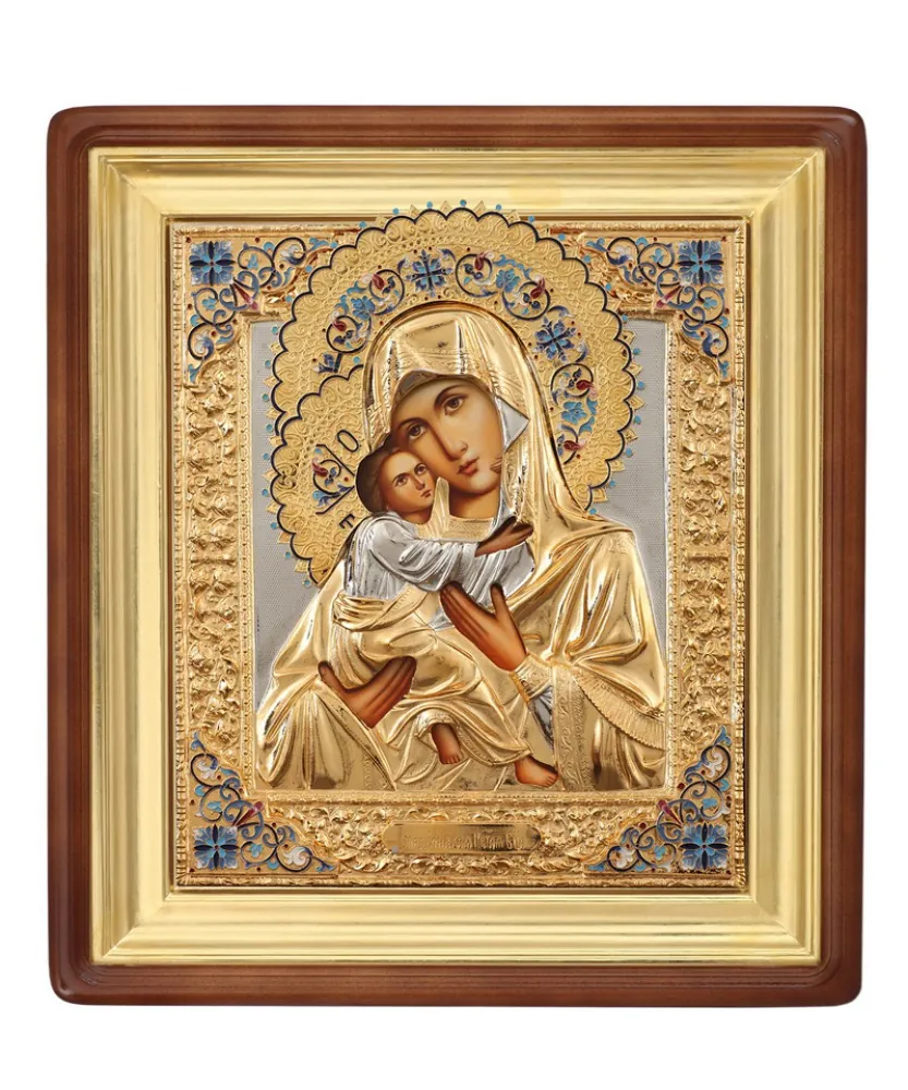 ფერწერული ხატი კიოტში 24×30 ზეთი, მოჭედილობა №6, მინანქარი, კიოტი №1 ვლადიმირის ღვთისმშობელი