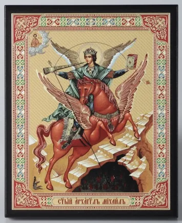 Icon on board 13×15 3D print, varnish Archangel Michael on horseback