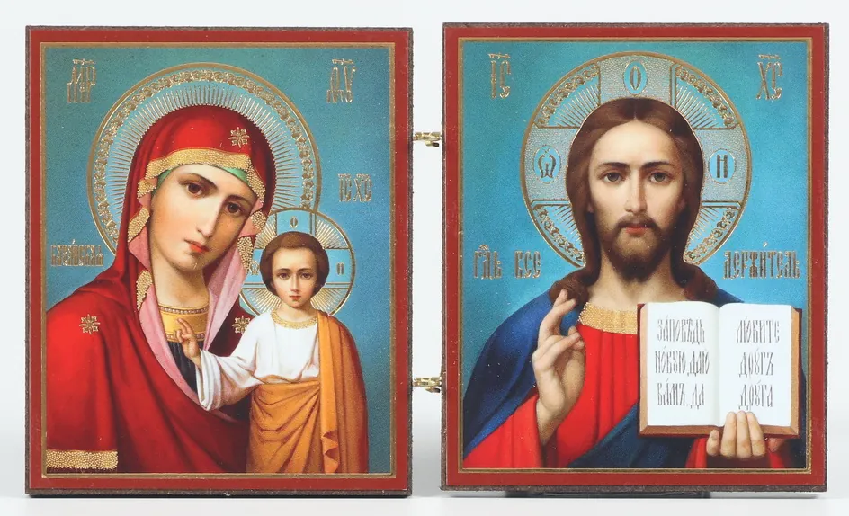 Wooden folding icons 7×12 two-leaf, double embossing Saviour-Kazan Mother of God 34