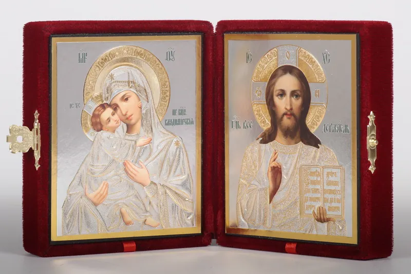 Folding icon in case 8×11 velvet, blind embossing Saviour-Vladimir Mother of God