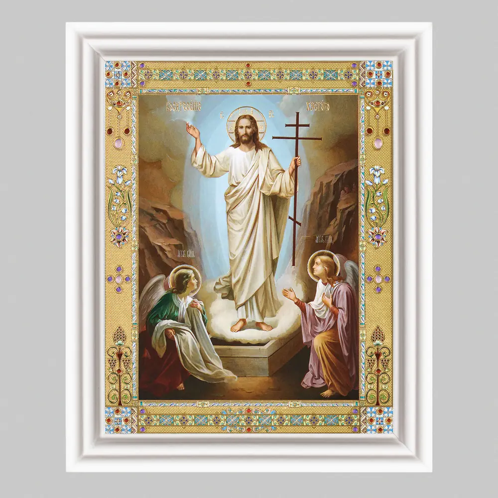 Icon in wooden frame №3 11×13 (white) double embossing Resurrection of Christ 65