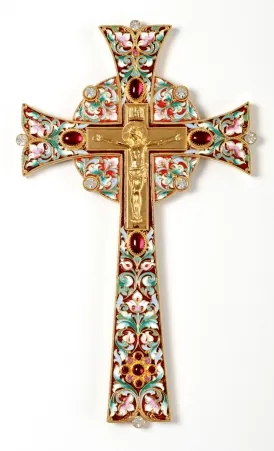 Altar cross №17 cast Crucifixion, filigree, enamel, laser engraving, gilding