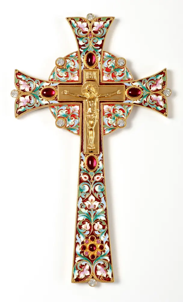 Altar cross №17 cast Crucifixion, filigree, enamel, laser engraving, gilding