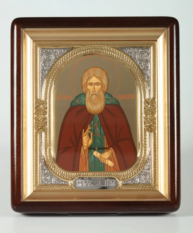 Icon in icon case 18×24 shaped, tempera №8, 3D riza frame, open, gilded, nickel plating Sergius of Radonezh
