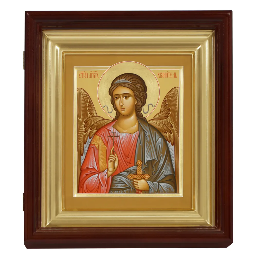 Painted icon on board in icon case 18×24 tempera, gilded halo, recessed field, icon case №1 Guardian Angel, 05721