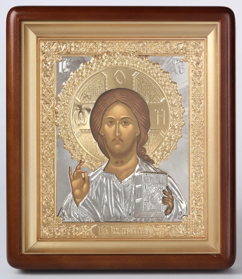 Икона в киоте 18х24 фигурный, темпера, риза объёмная, прямая, частично золочёная Спаситель