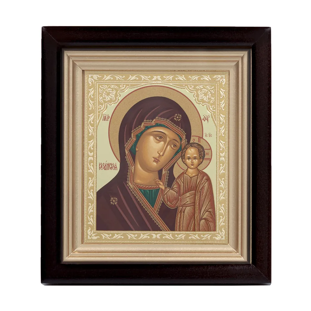 Икона в киоте 11х13 сложный, темпера, тиснение Казанская БМ