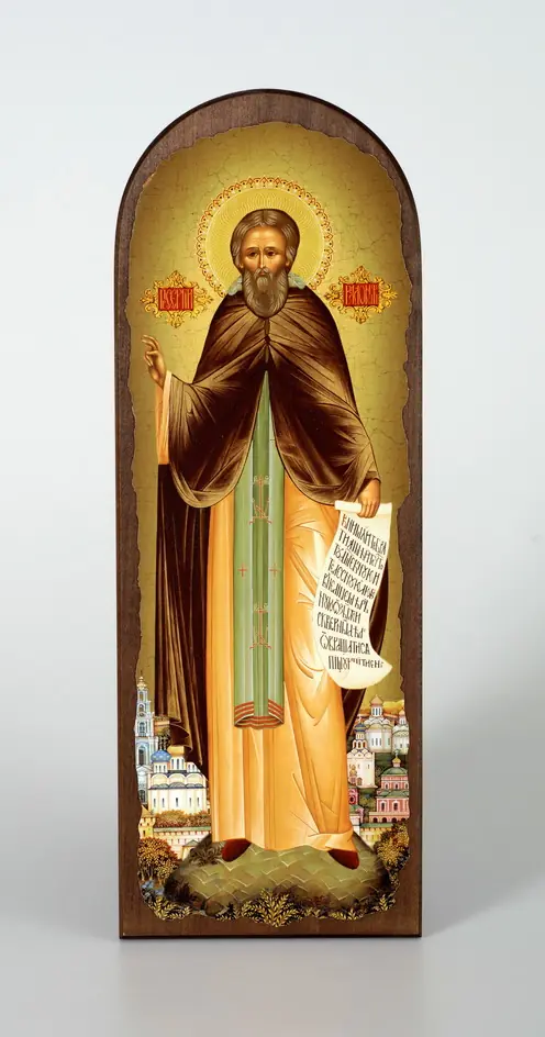 Icon on wood 18×50 arched, canvas, packaging Sergius of Radonezh