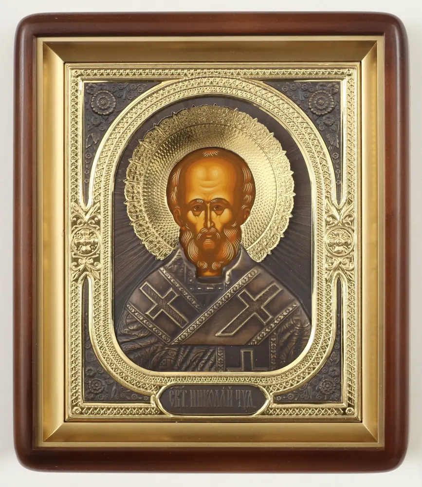 ხატი კიოტში 18×24 ფიგურული, ტემპერა, კომბინირებული მოჭედილობა (№1 + პატინირებული) ნიკოლოზ საკვირველთმოქმედი