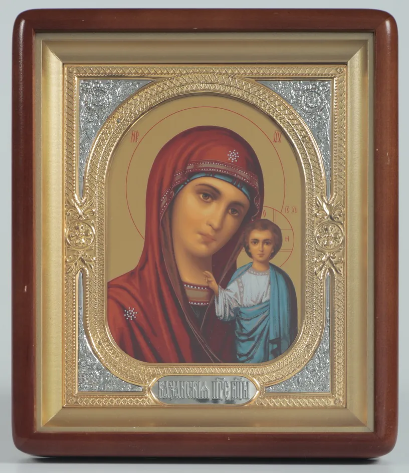 Icon in icon case 18×24 shaped, tempera, 3D riza frame, open, gilded, nickel plating Kazan Mother of God 1