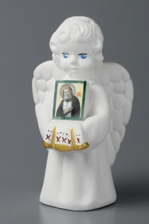 Guardian Angel plaster sculpture with icon Seraphim of Sarov