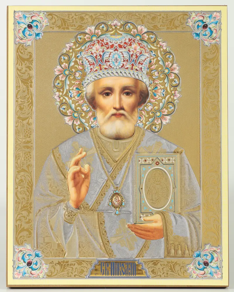 Icon on wooden panel 21×32 chipboard blind embossing, packaging Nicholas the Wonderworker