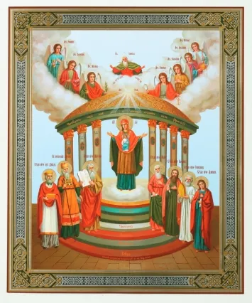 Icon on wooden panel 30×40 double embossing, chipboard, PVC Seven-Pillared Mother of God