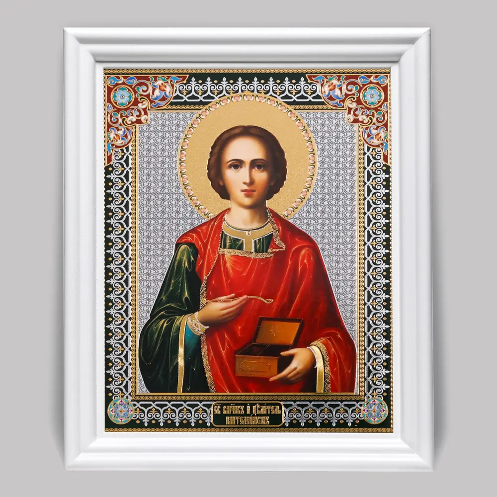 Icon in wooden frame №3 11×13 (white) double embossing Panteleimon