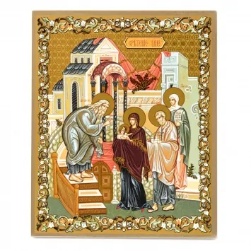 Icon on board 18×24 gilded finish, 3D print, varnish Meeting of the Lord