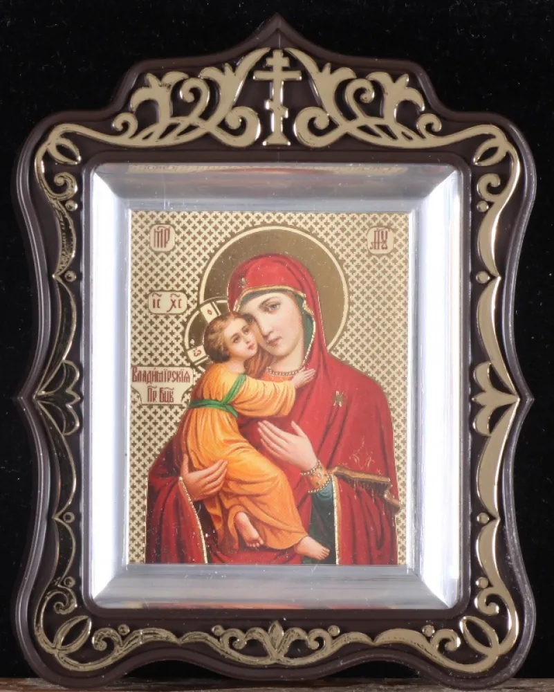 Icon in plastic frame icon case 6×7 carved metallised Vladimir Mother of God