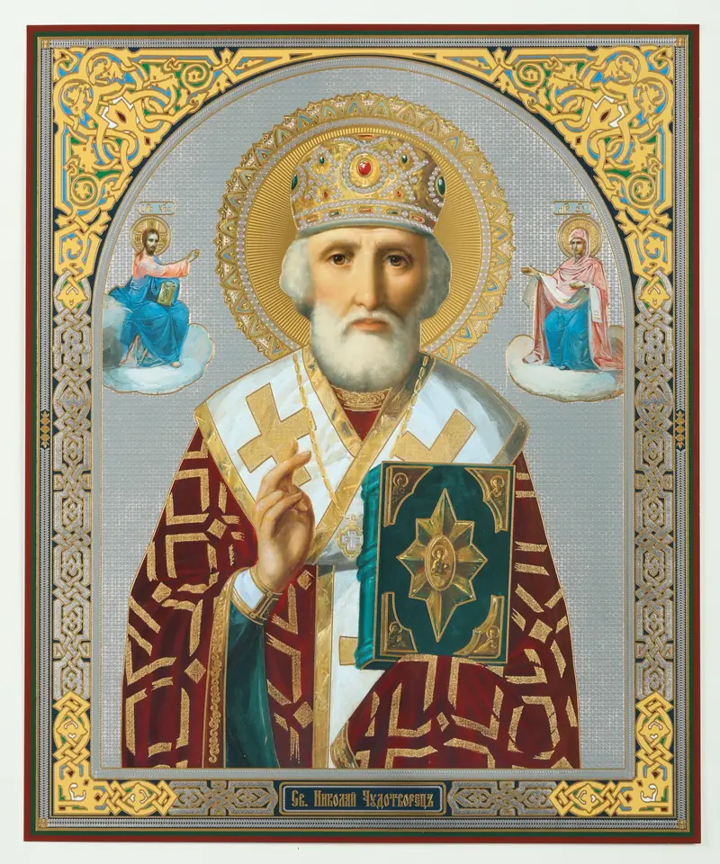 Icon on wooden panel 30×40 double embossing, chipboard, PVC Nicholas the Wonderworker with attendant saints