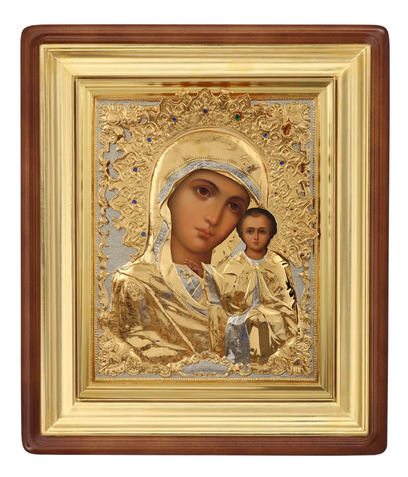 Painted icon in icon case 50×65 oil, riza cover №203, stones, icon case №1 Kazan Mother of God