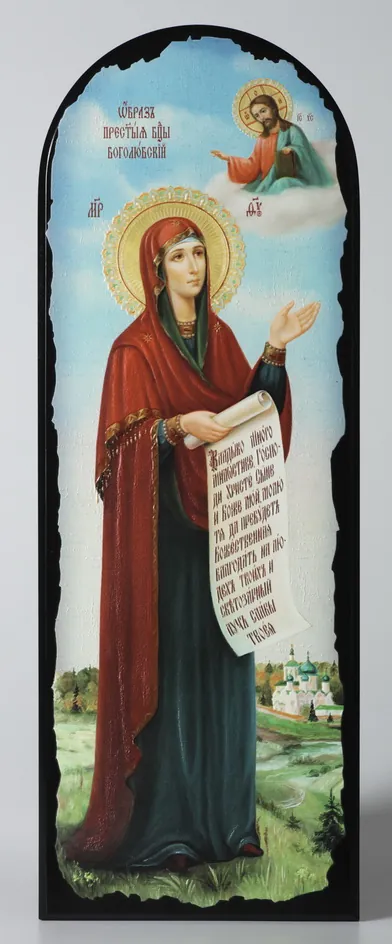Icon on MDF 18×50 arched, 3D print, varnish Bogolyubovo Mother of God