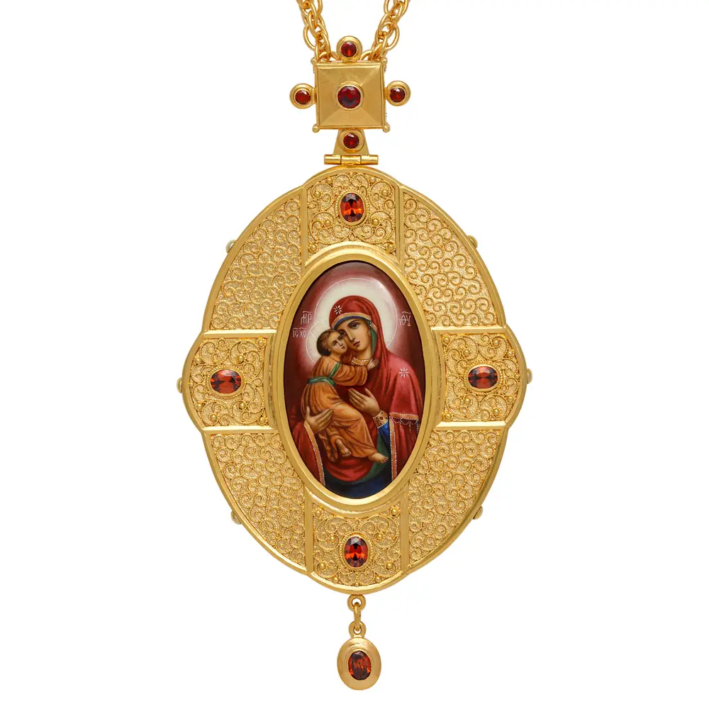 Panagia №237 / cubic zirconia enamel miniature, filigree / gilding / silver Vladimir Mother of God