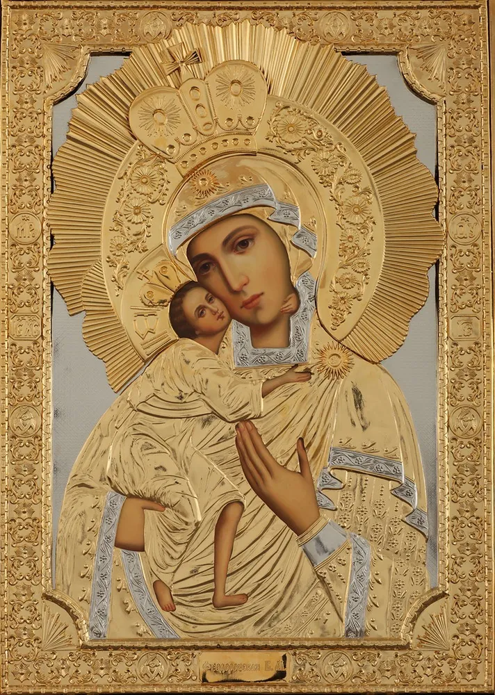 Painted icon of the Mother of God «Feodorovskaya» 60×90, oil, riza cover №147, gilding