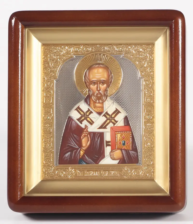Painted icon in icon case 11×13 oil, riza cover open, brass, gilding, icon case №2 Nicholas the Wonderworker