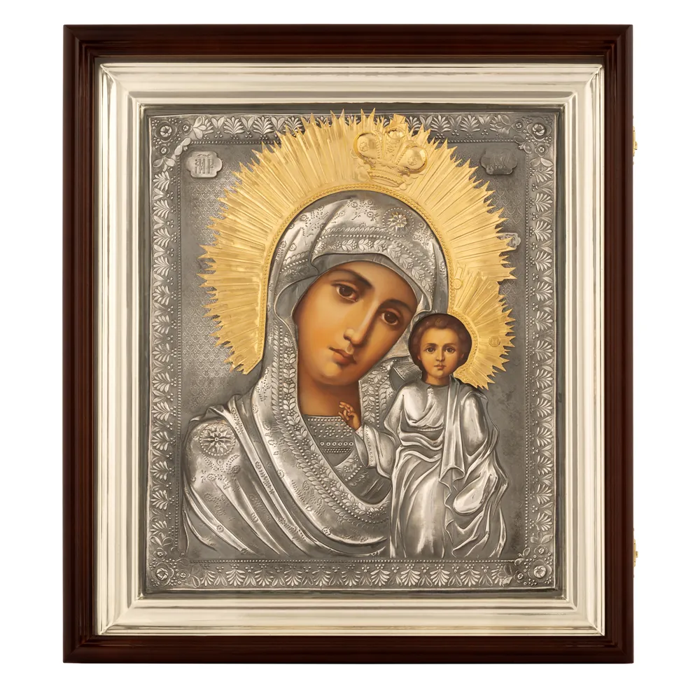 ფერწერული ხატი კიოტში 30×40 ზეთი, მოჭედილობა №180, გაშავებული მოვერცხლვა, კიოტი №1 ყაზანის ღვთისმშობელი