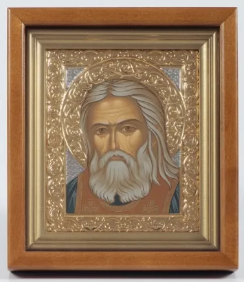 Icon in icon case 12×14 complex №2 tempera, nickel, gilding Seraphim of Sarov