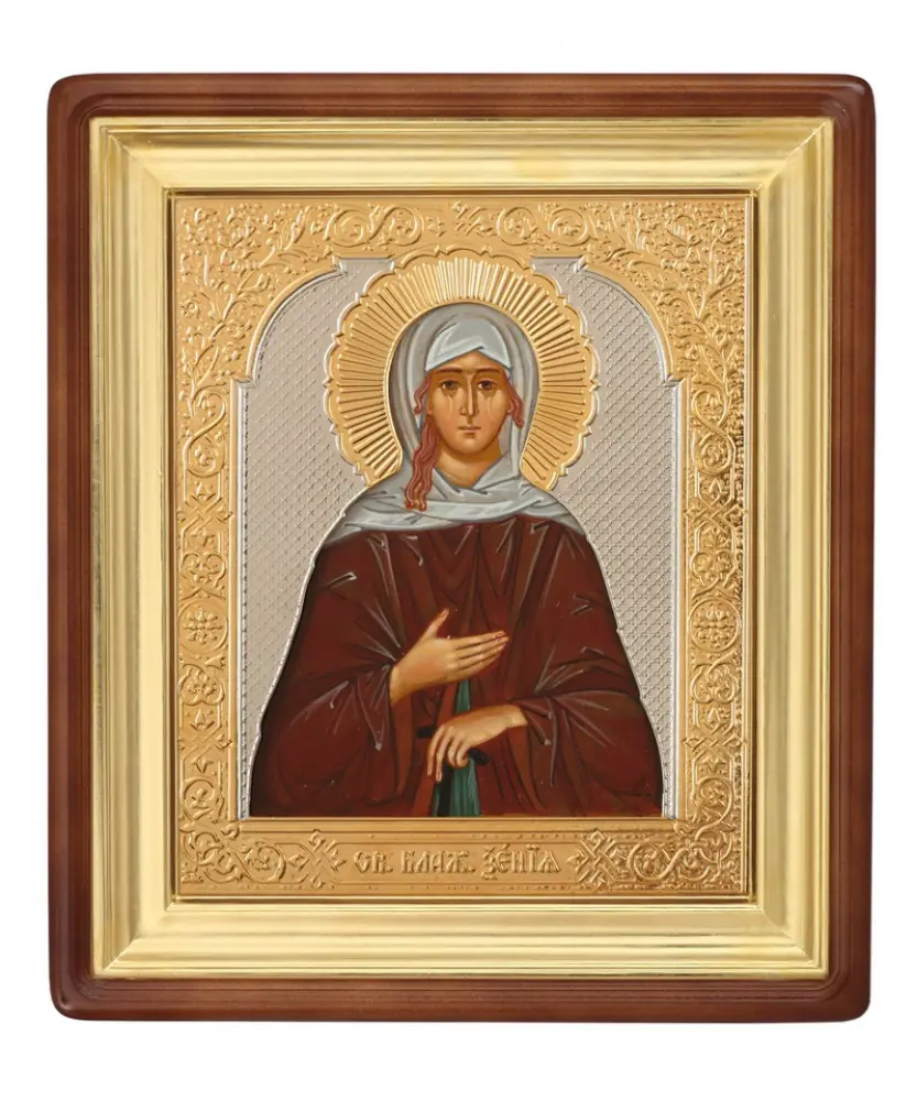 Painted icon in icon case 11×13 oil, riza cover open, brass, gilding, icon case №2 Xenia of St Petersburg