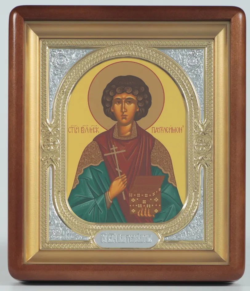 Icon in icon case 18×24 shaped, tempera, riza frame №1 Panteleimon