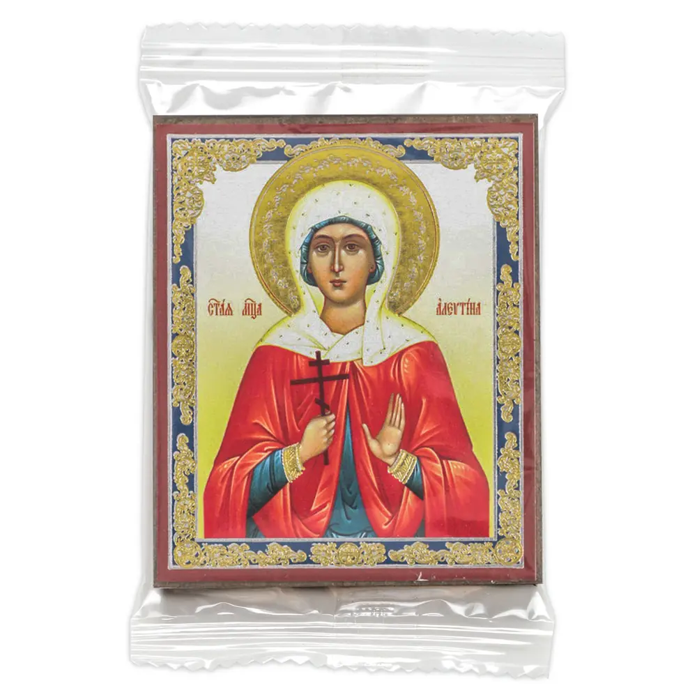 Icon on wooden panel 6×9 double embossing, annotation, packaging Alevtina of Caesarea, Martyr (3)