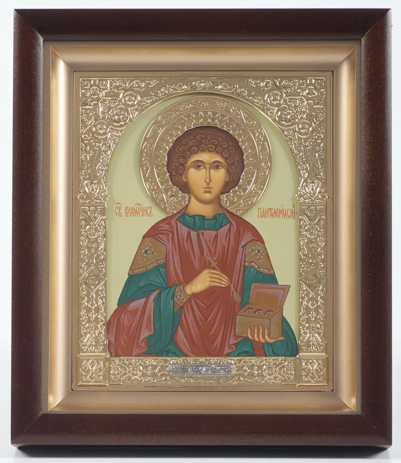 ხატი კიოტში 15×19 რთული, ტემპერა, გვირგვინი, ფიგურული ჩარჩო, მოოქროვილი პანტელეიმონი