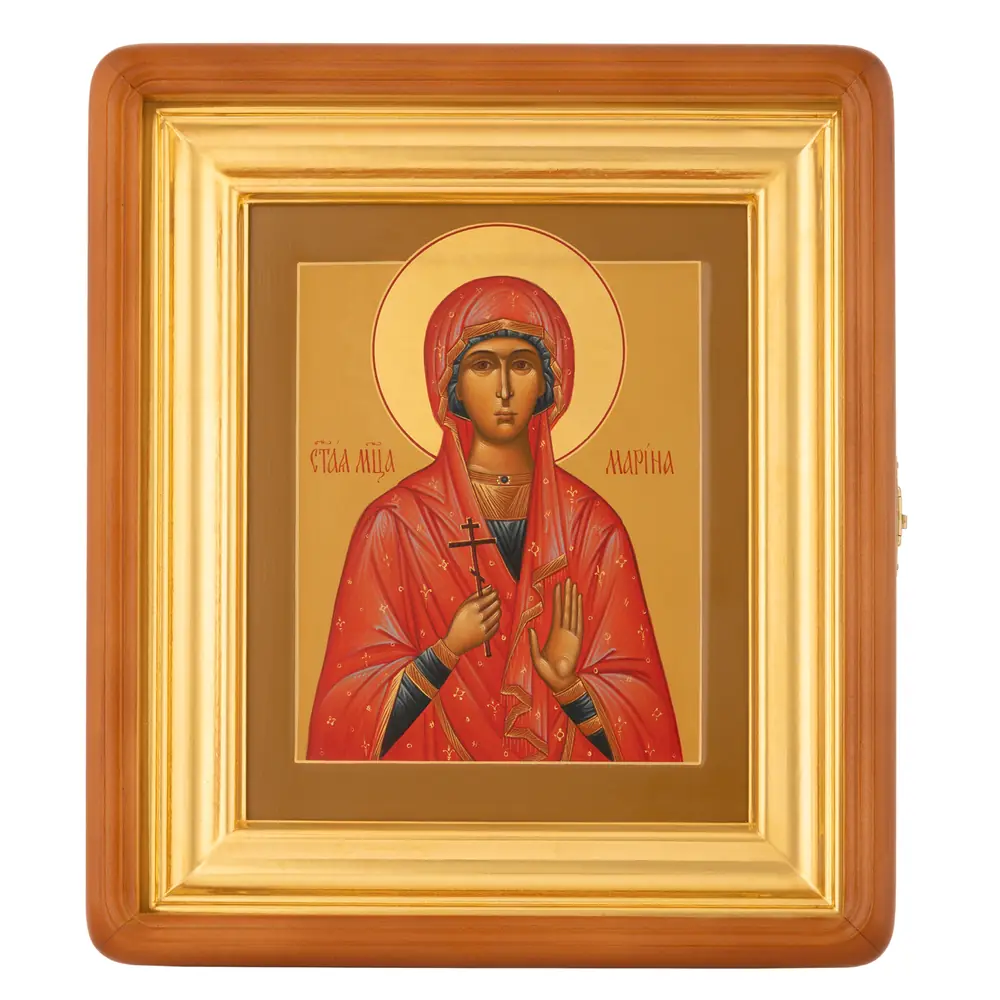Painted icon on board in icon case 18×24 tempera, gilded halo, recessed field, icon case №1 Marina, 00614