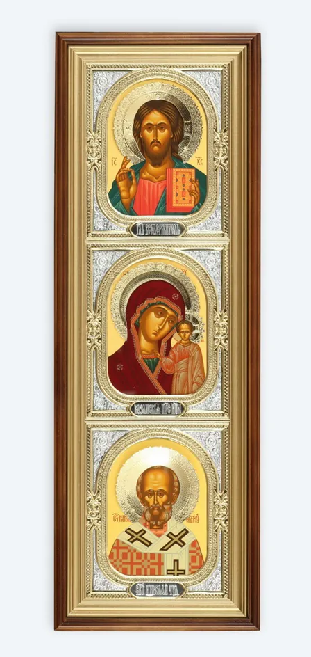 Icon in icon case 20×70 complex, tempera, halo crown, riza frame №1 Saviour-Kazan Mother of God-Nicholas the Wonderworker