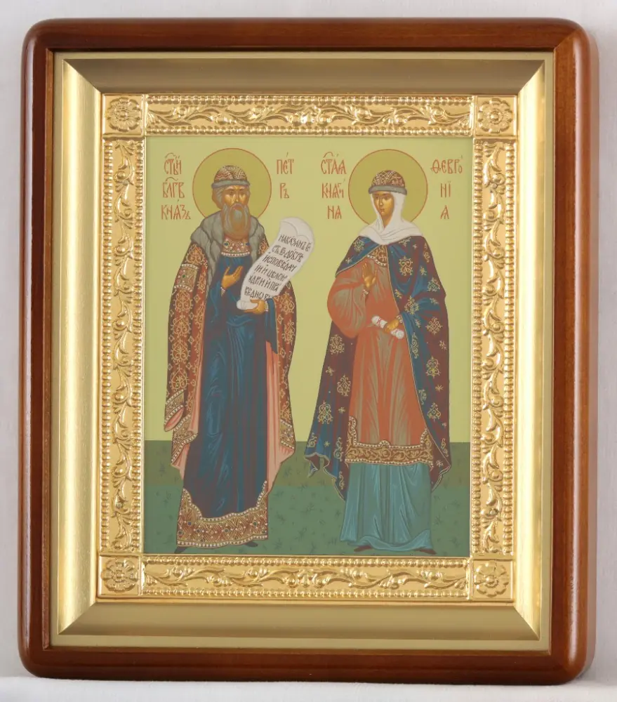 Icon in icon case 18×24 shaped, tempera, gilded frame Peter and Fevronia
