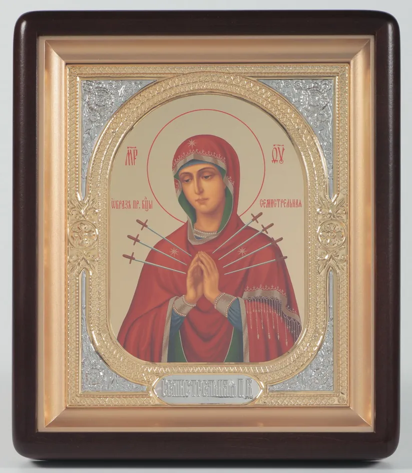 ხატი კიოტში 18×24 ფიგურული, ტემპერა №8, მოცულობითი მოჭედილობა-ჩარჩო, ღია, მოოქროვილი, მონიკელება შვიდისრიანი ღვთისმშობელი 1