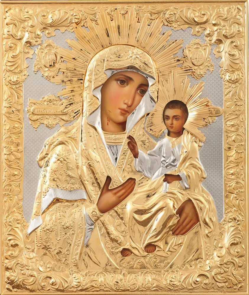 Painted icon of the Mother of God «Iveron» 24×30, oil, riza cover №13, gilding