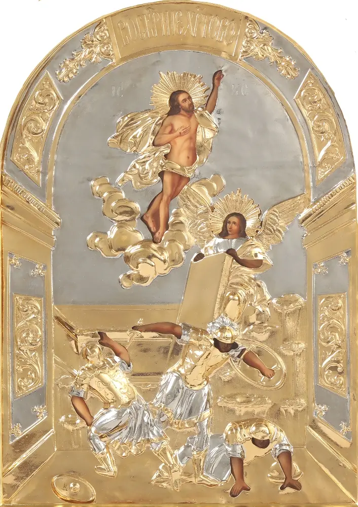 Painted icon Resurrection of Christ 24×30, oil, riza cover №86, gilding, arched