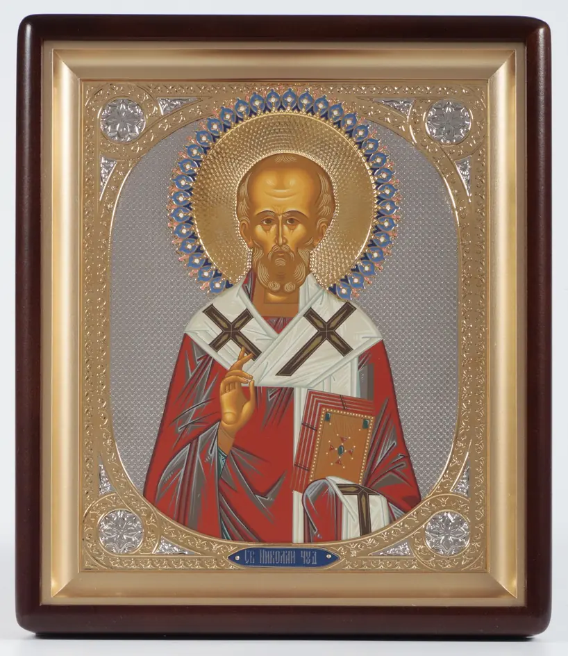 Icon in icon case 24×30 shaped, tempera, 3D riza, open, gilding, enamel Nicholas the Wonderworker