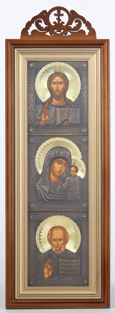 Icon in icon case 20×50 complex with carved with finial, tempera, patinated riza Saviour-Kazan Mother of God-Nicholas the Wonderworker