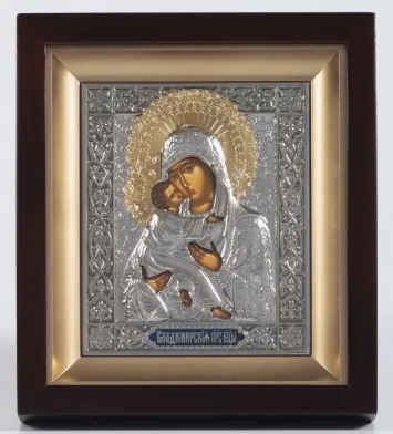 Icon in icon case 11×13 shaped №2 tempera, plastic stretcher, riza cover nickel, enamel, gilding Vladimir Mother of God