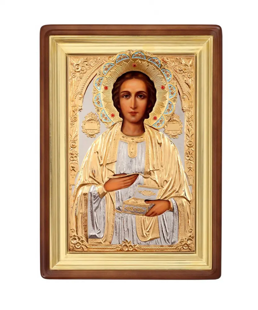 ფერწერული ხატი კიოტში 70×110 ზეთი, მოჭედილობა №149, მინანქარი, ქვები, კიოტი №1 პანტელეიმონი