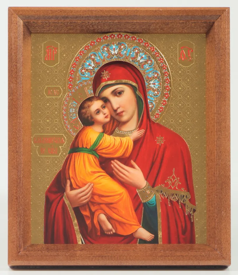 Icon in wooden frame №1 13×15 embossing with halo crown Vladimir Mother of God