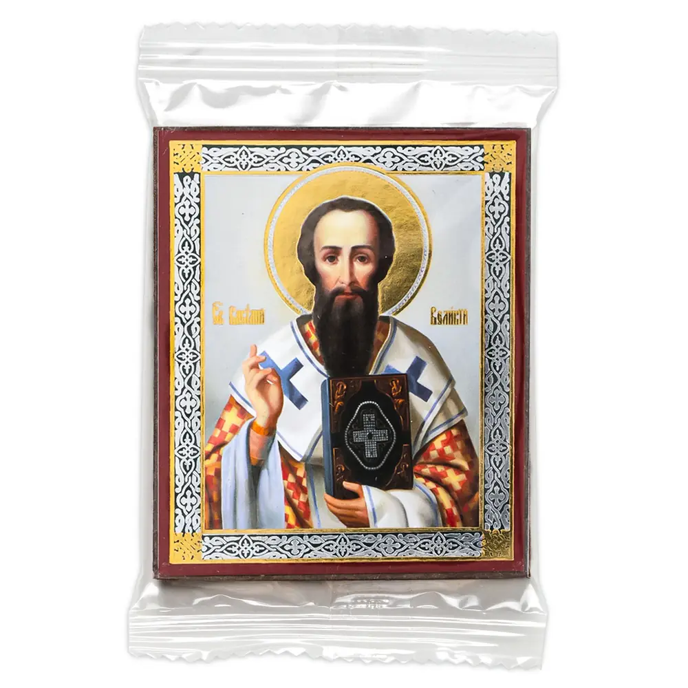 Icon on wooden panel 6×9 double embossing, annotation, packaging Basil the Great