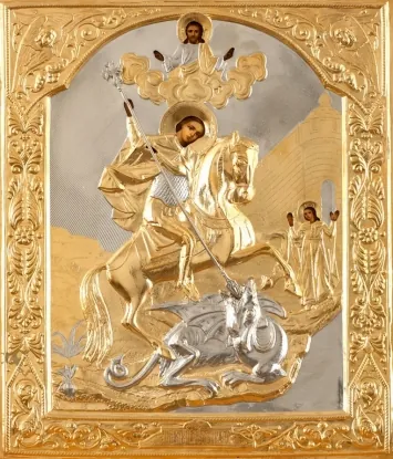 Painted icon of Great Martyr George the Victorious 30×40, oil, riza cover №38, gilding