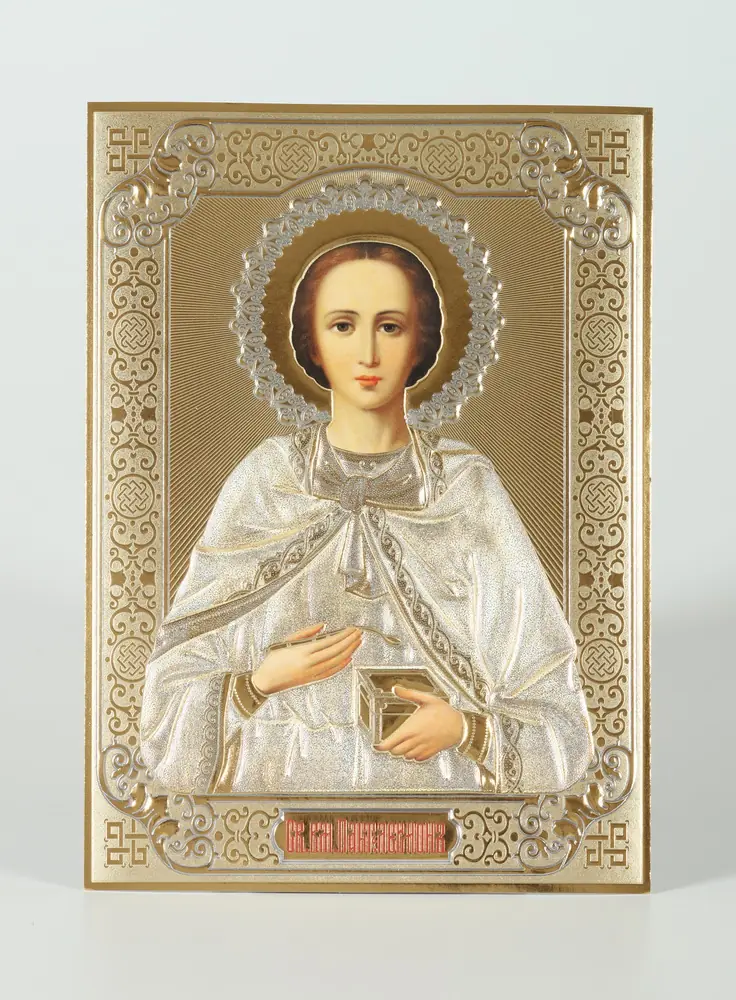 Icon on wooden panel 13×18 blind embossing Panteleimon
