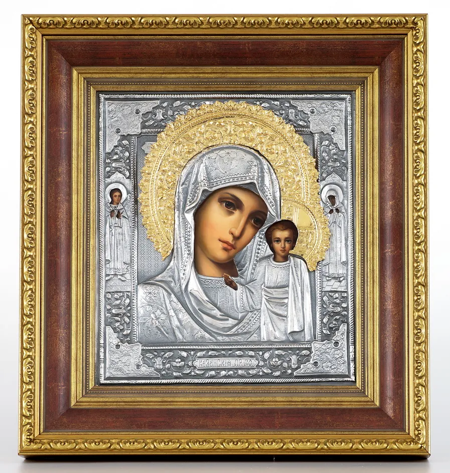 ფერწერული ხატი კიოტში 24×30 ზეთი, მოჭედილობა №88, გაშავებული მოვერცხლვა, კიოტი №22 ყაზანის ღვთისმშობელი
