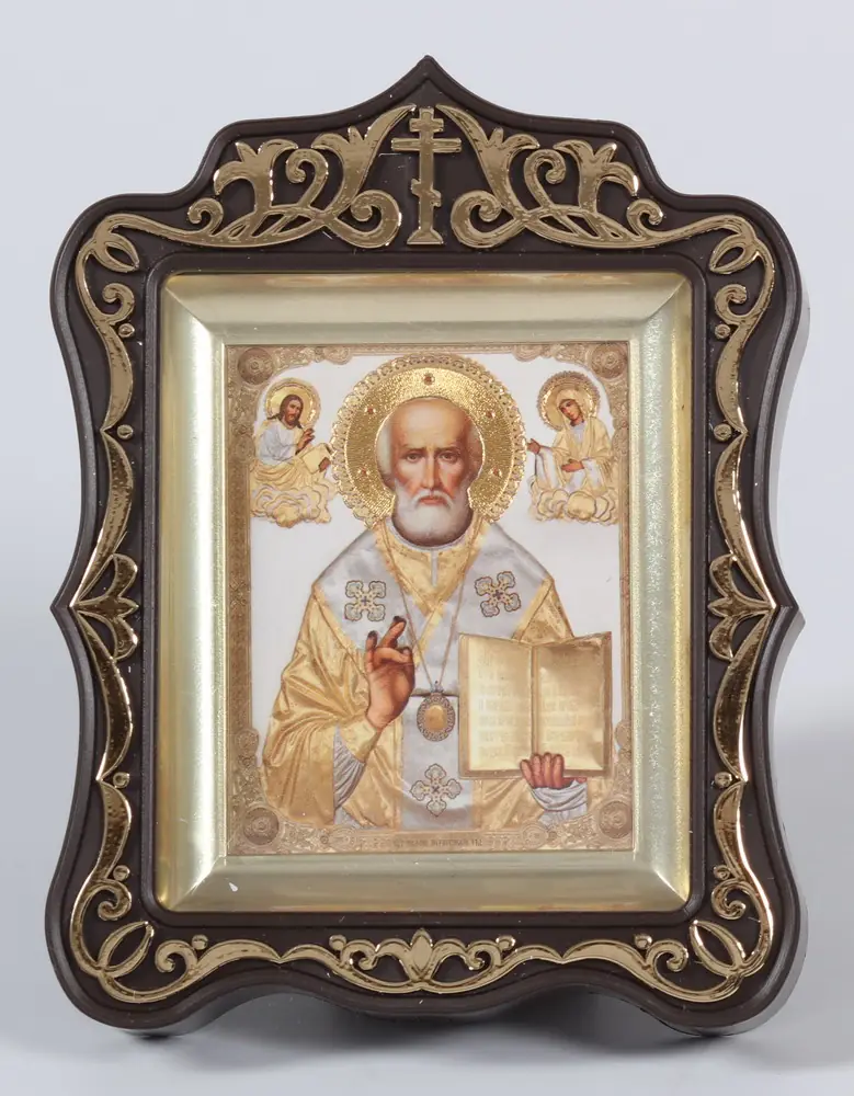 Icon in plastic frame icon case 6×7 carved brass-plated Nicholas the Wonderworker IC XC 2