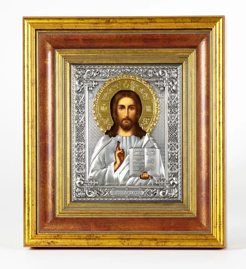 Painted icon in icon case 18×24 oil, riza cover №242, niello silver plating, icon case №22 Saviour